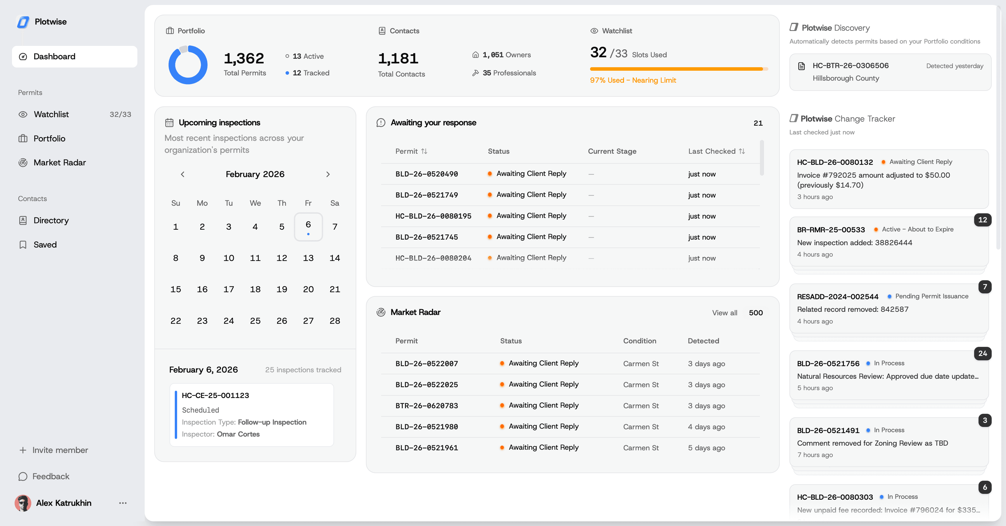 Dashboard Change Tracker showing recent permit changes