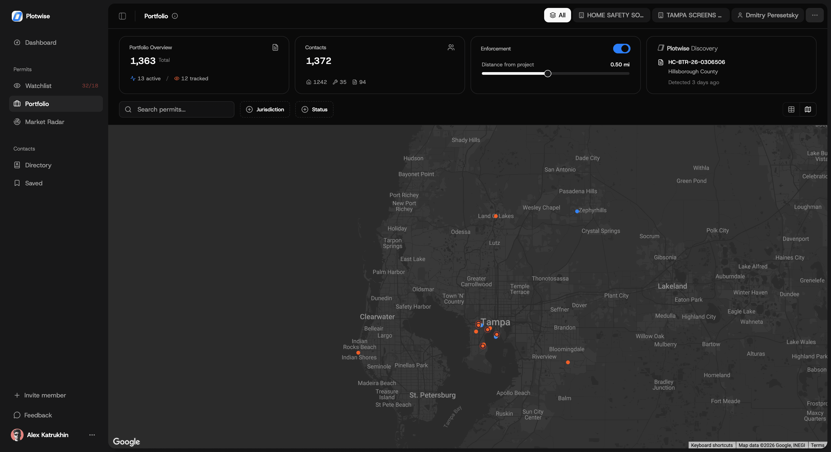 Portfolio map view with enforcement overlay enabled showing the control widget
