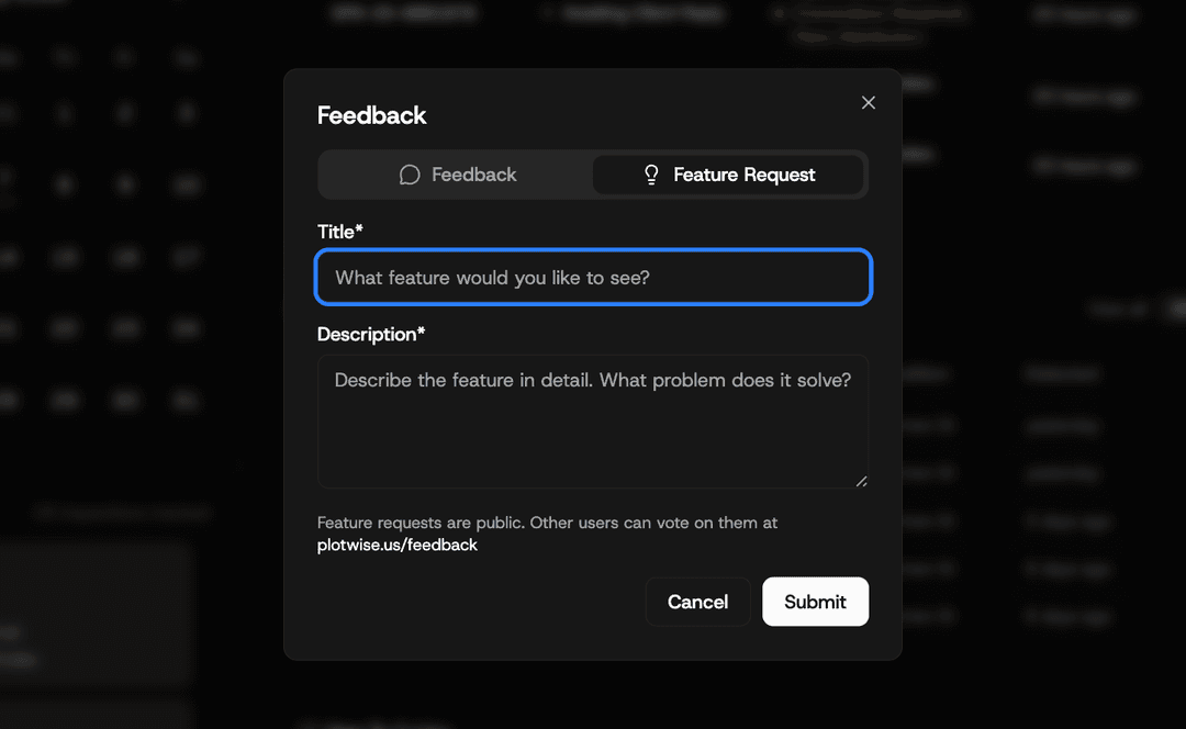 Dashboard feedback modal with Feature Request tab selected, showing title and description fields