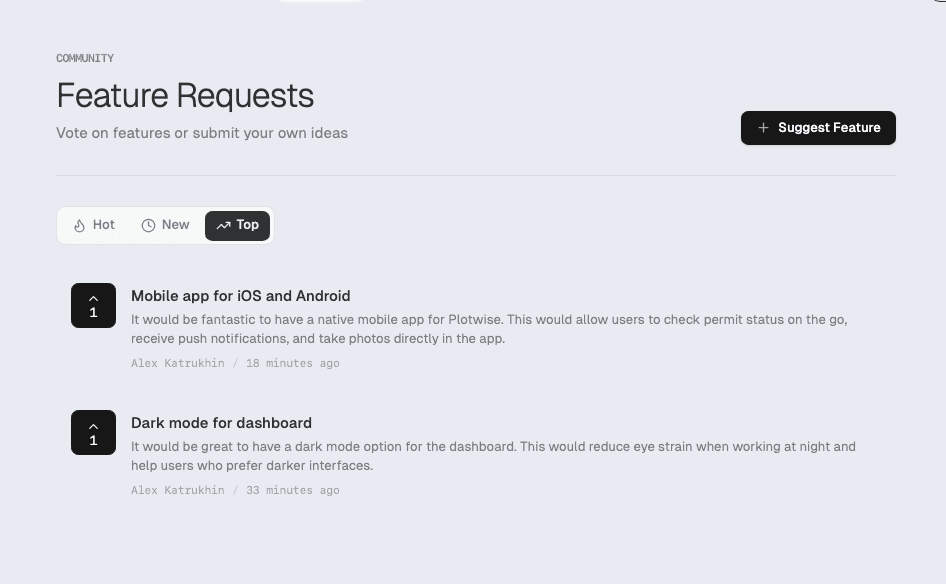 Feature Requests page showing list of submitted ideas with vote counts and sorting tabs