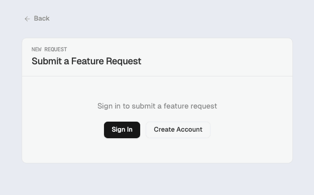 Submit a Feature Request page showing sign-in prompt for unauthenticated users