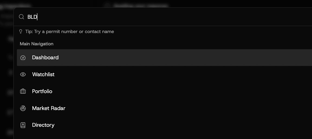 Command palette dialog showing search input with tip to try permit number or contact name