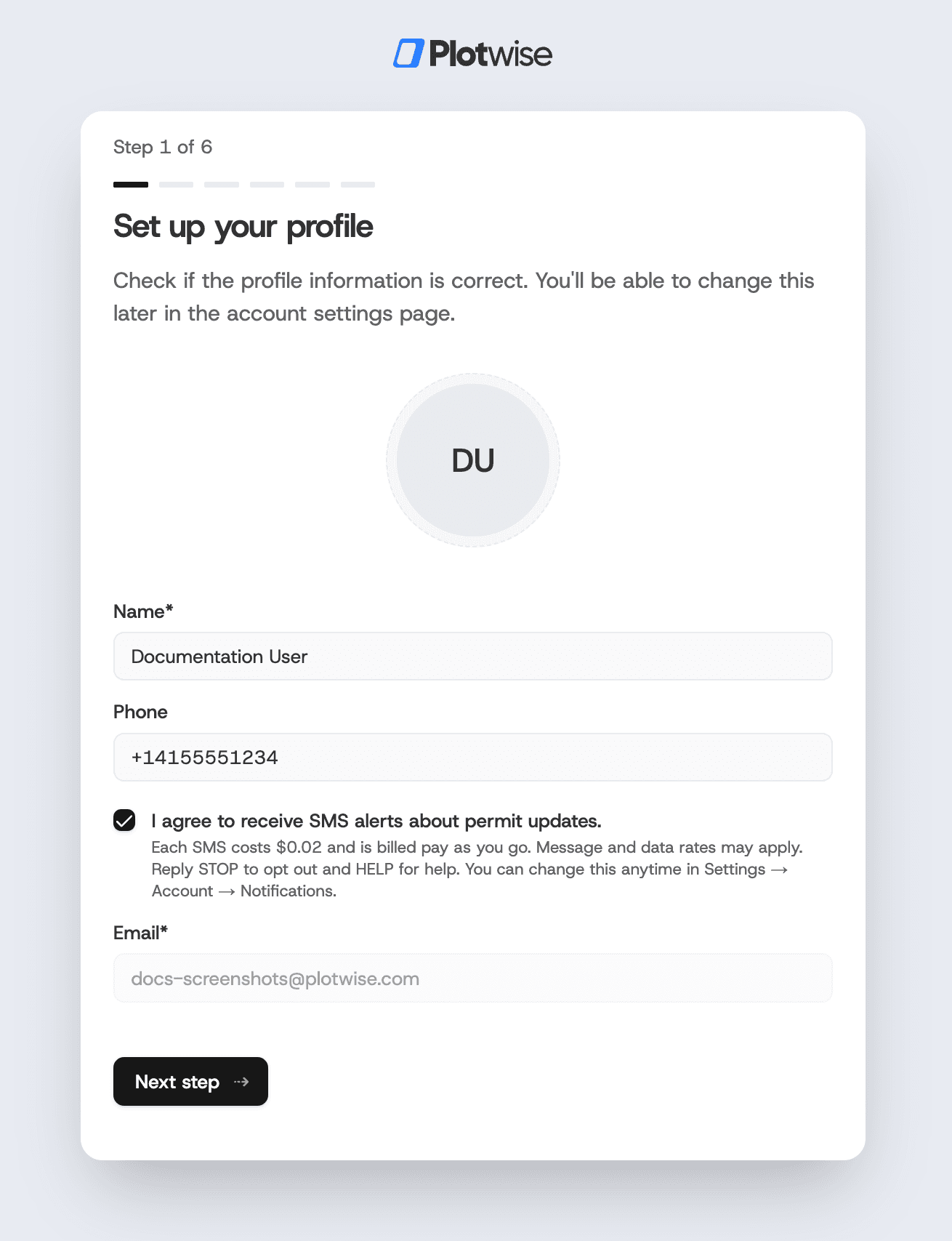 Profile setup step with name, phone, and avatar fields