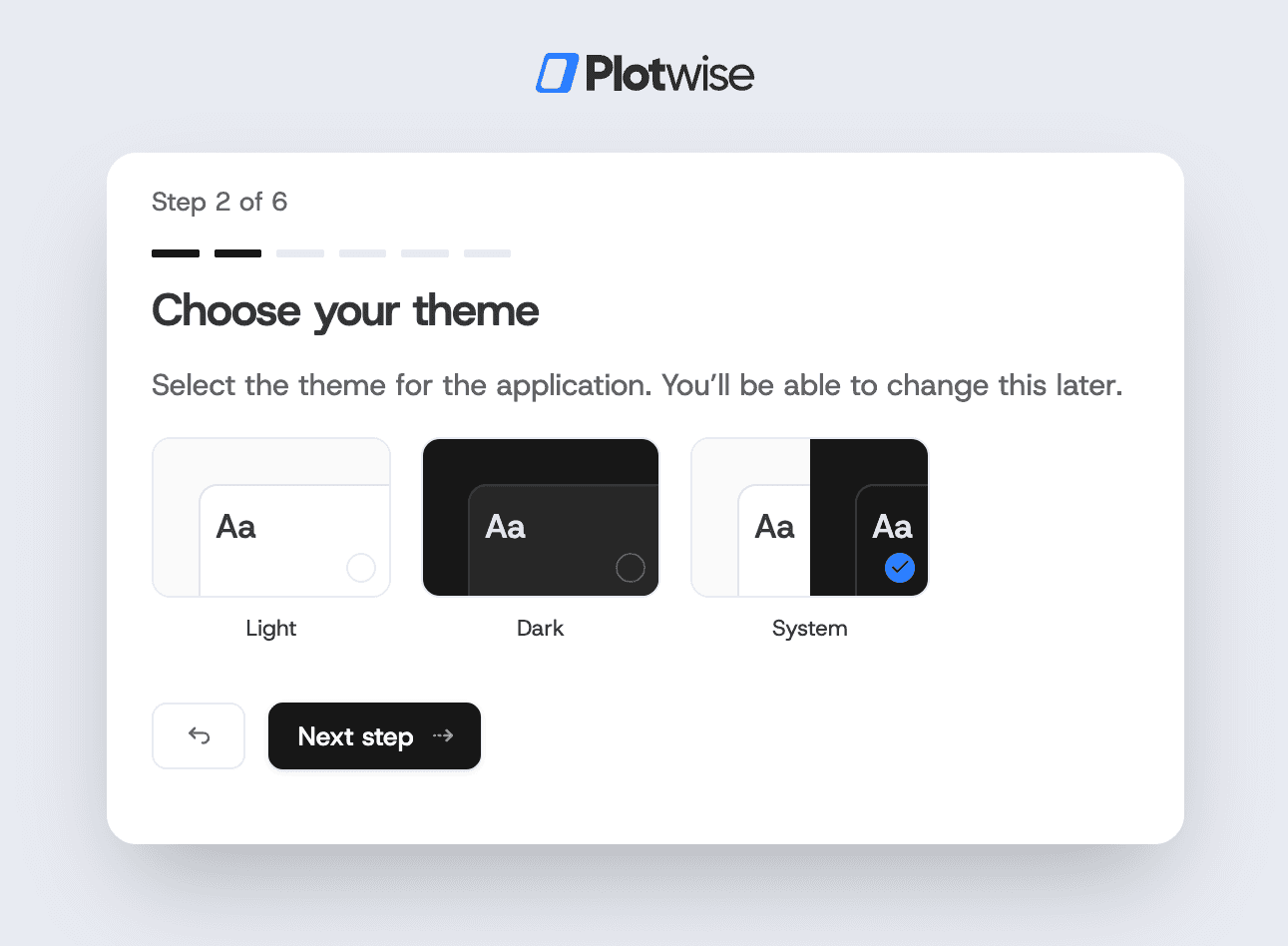 Theme selection step with light, dark, and system options