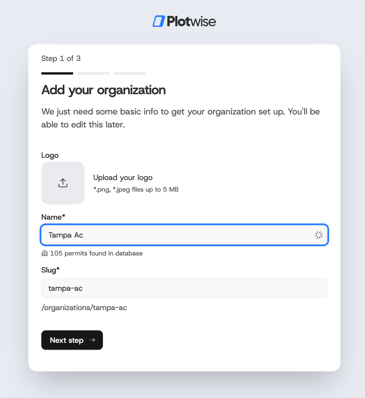 Organization creation step with company autocomplete showing permit count indicator