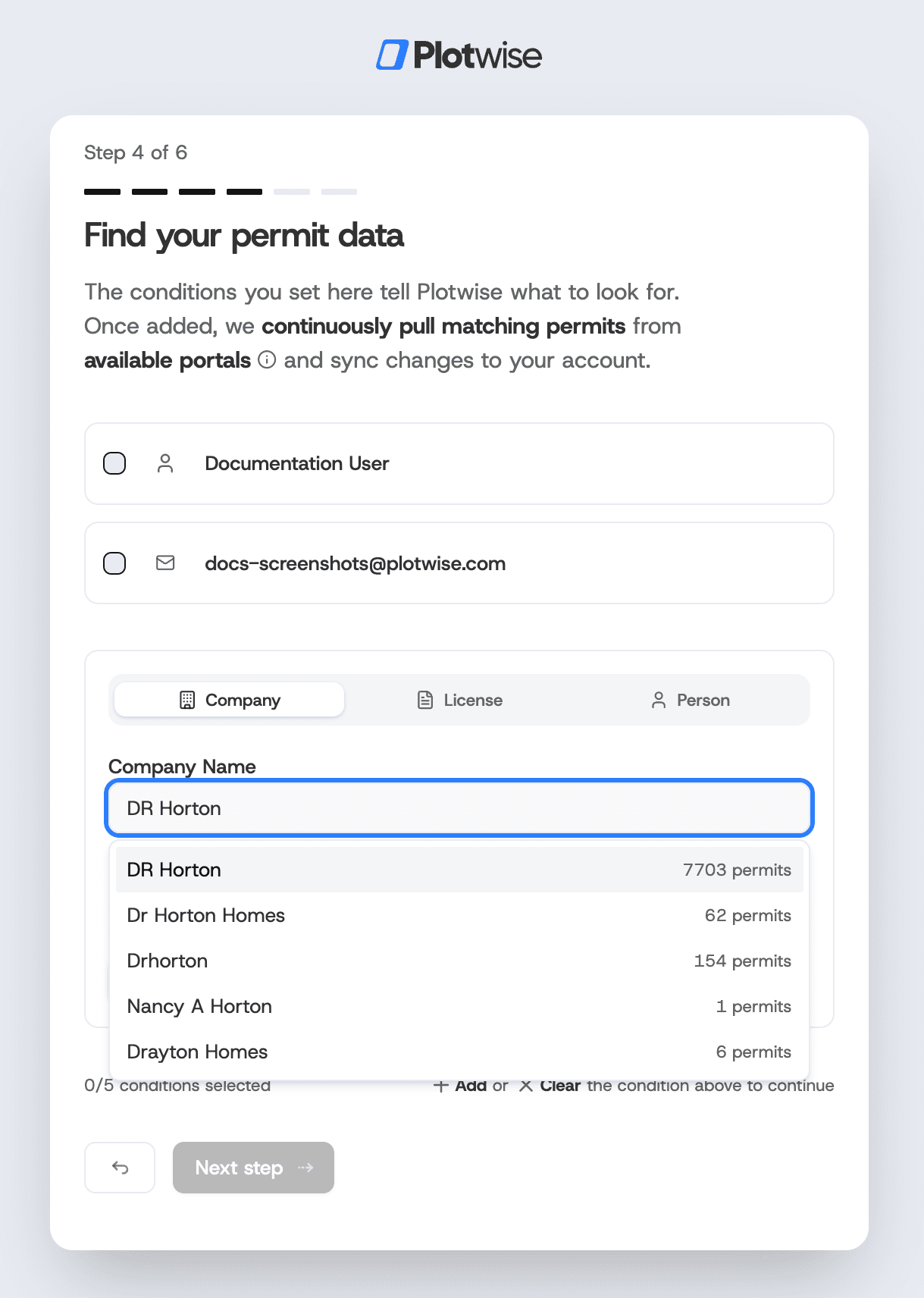 Portfolio conditions setup with company, license, and person options