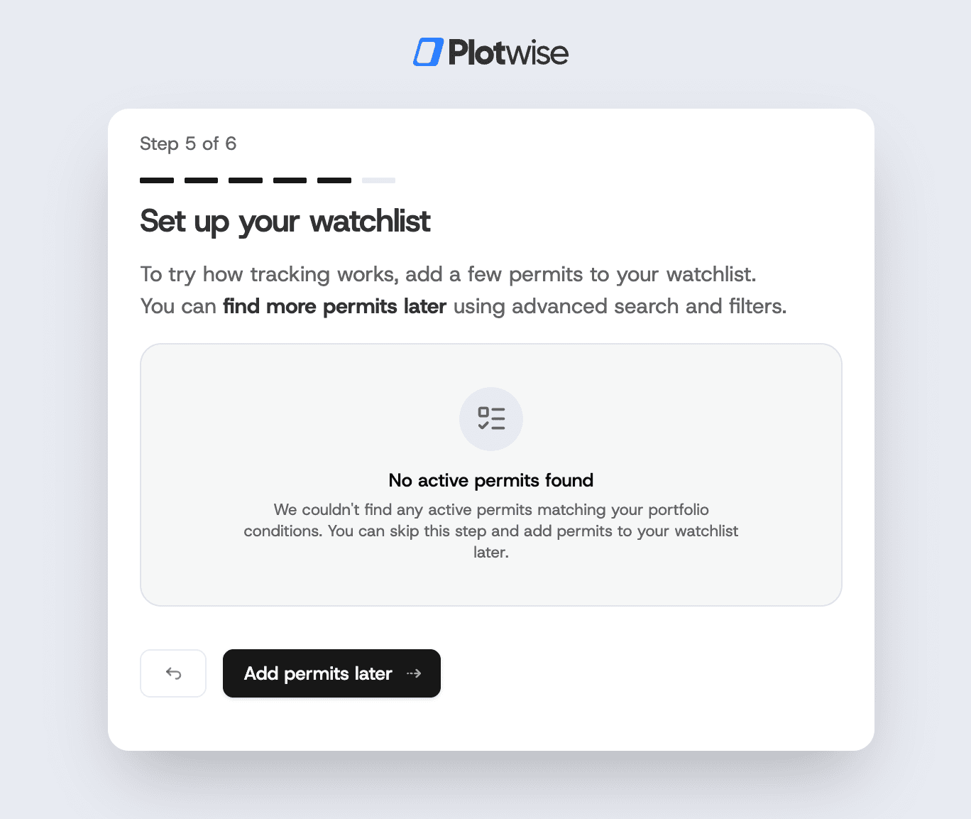 Watchlist setup showing discovered permits with dynamic title indicating match count