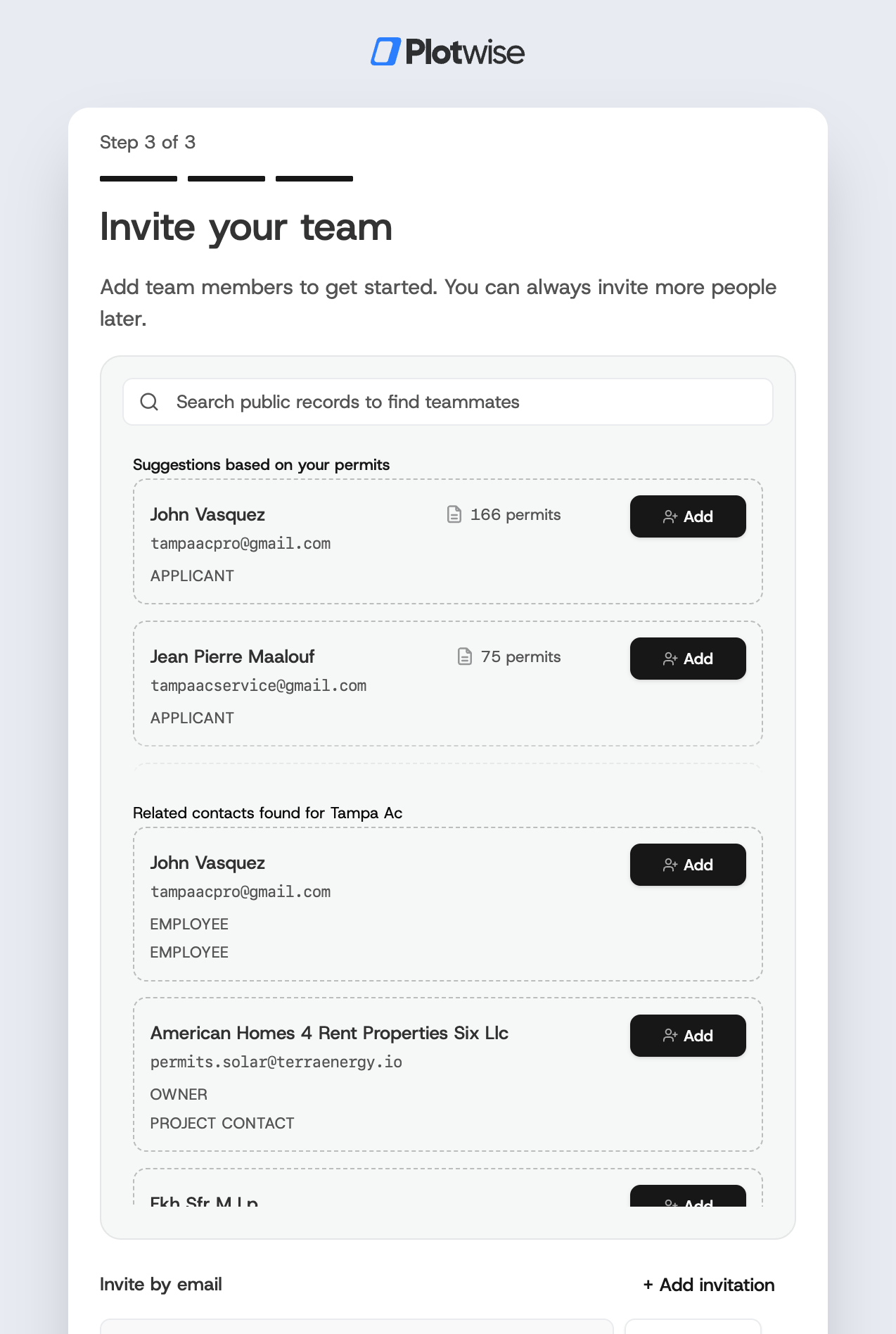 Team invitations step showing suggestions based on permits and email invitation options