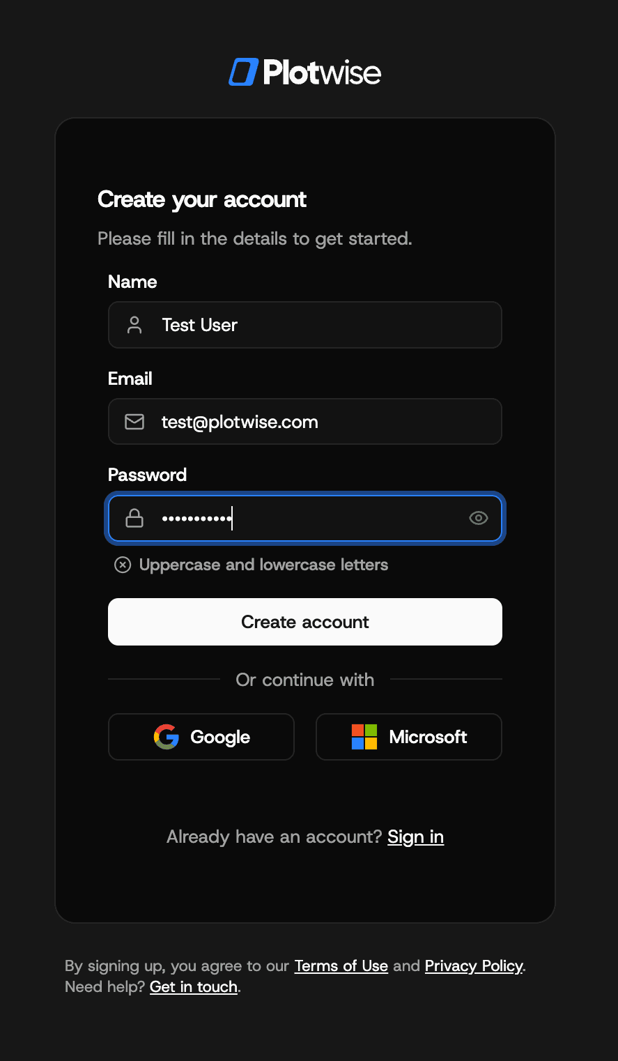 Completed signup form with filled email and password fields