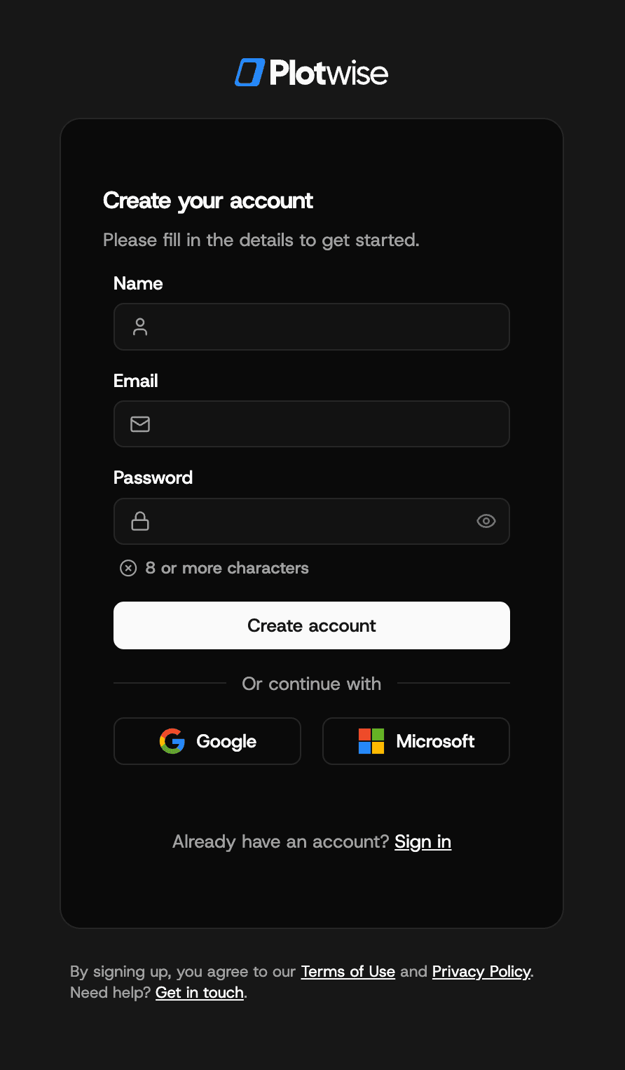 Plotwise signup form with email, password fields and OAuth options