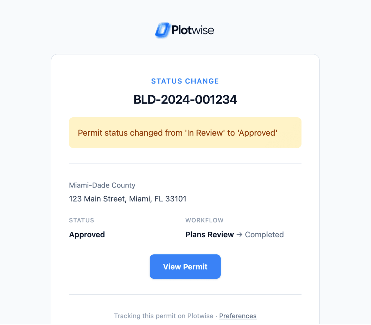 Email notification showing permit status change
