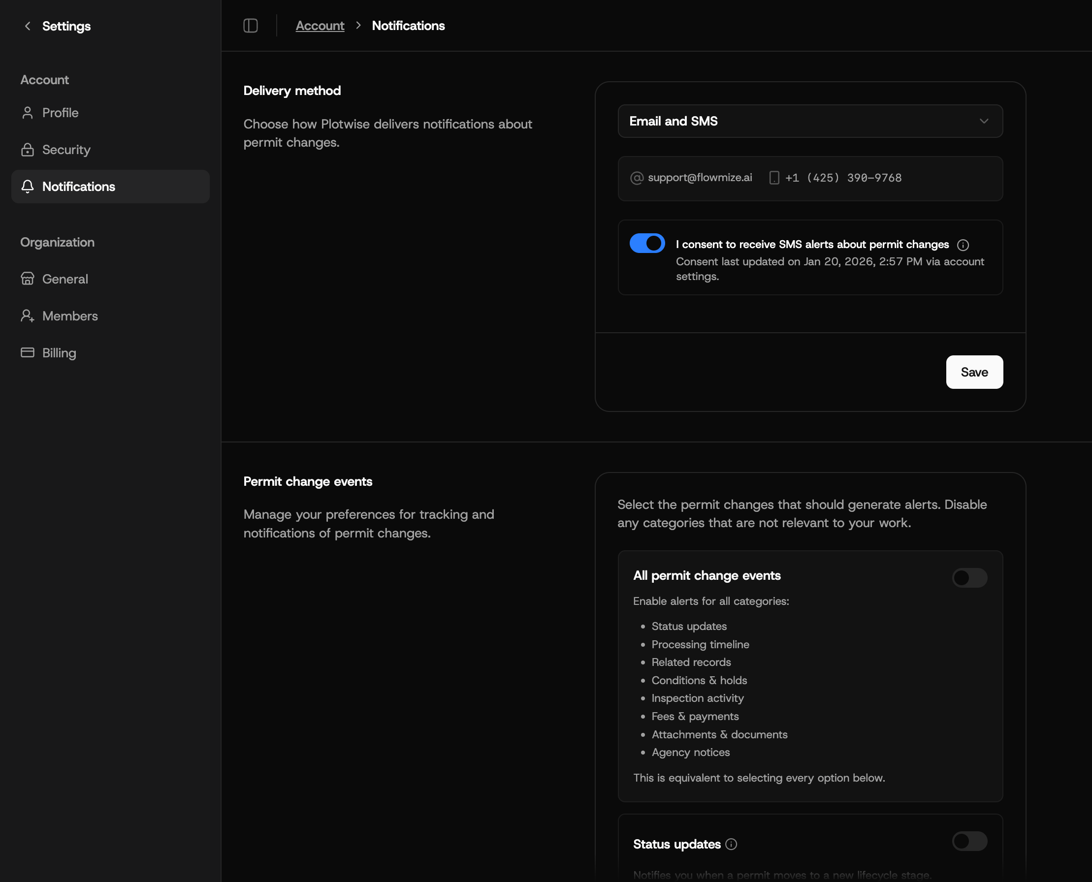 Notification preferences showing event scopes and delivery channel options