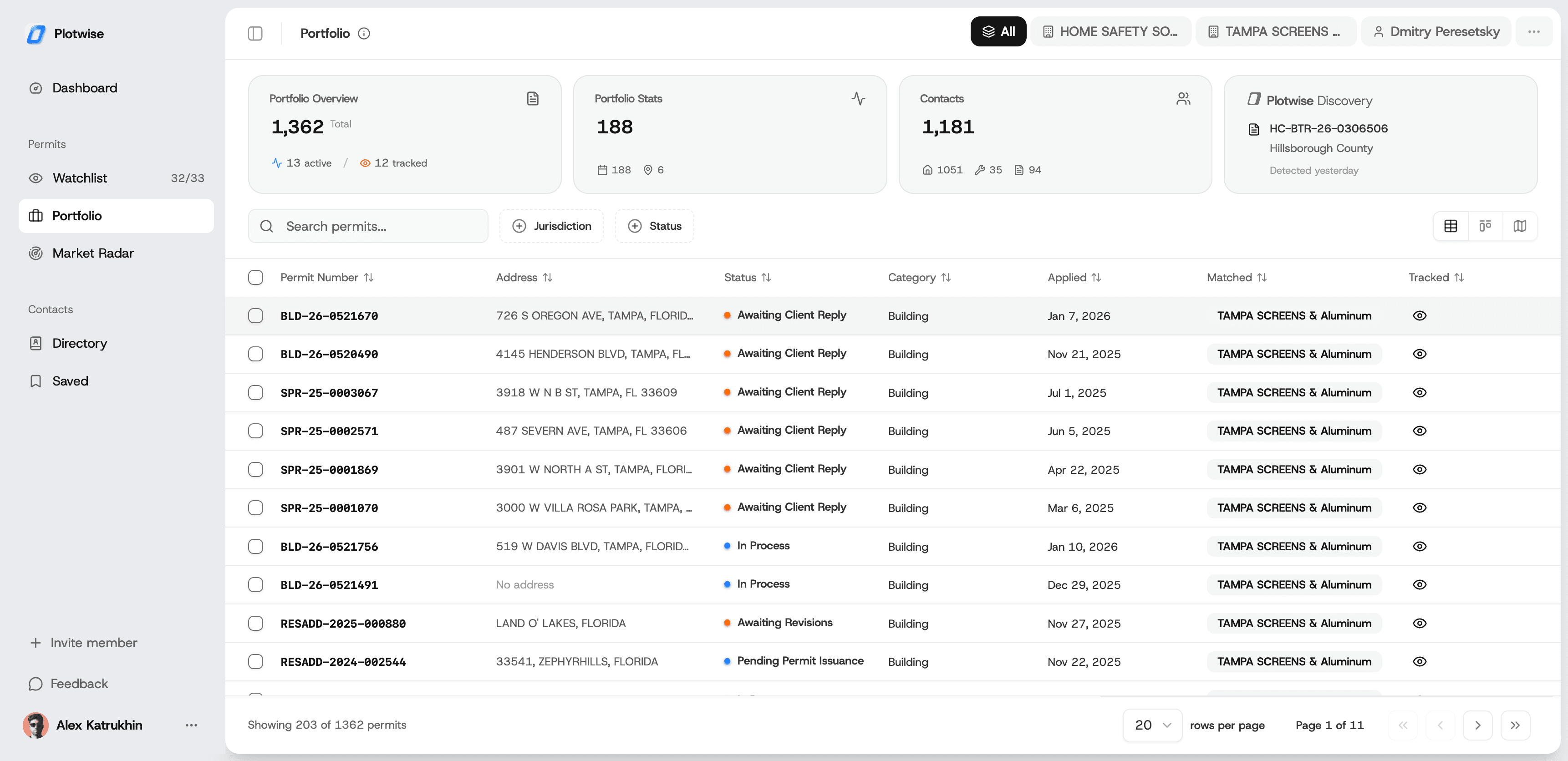 Portfolio table view showing discovered permits from saved conditions