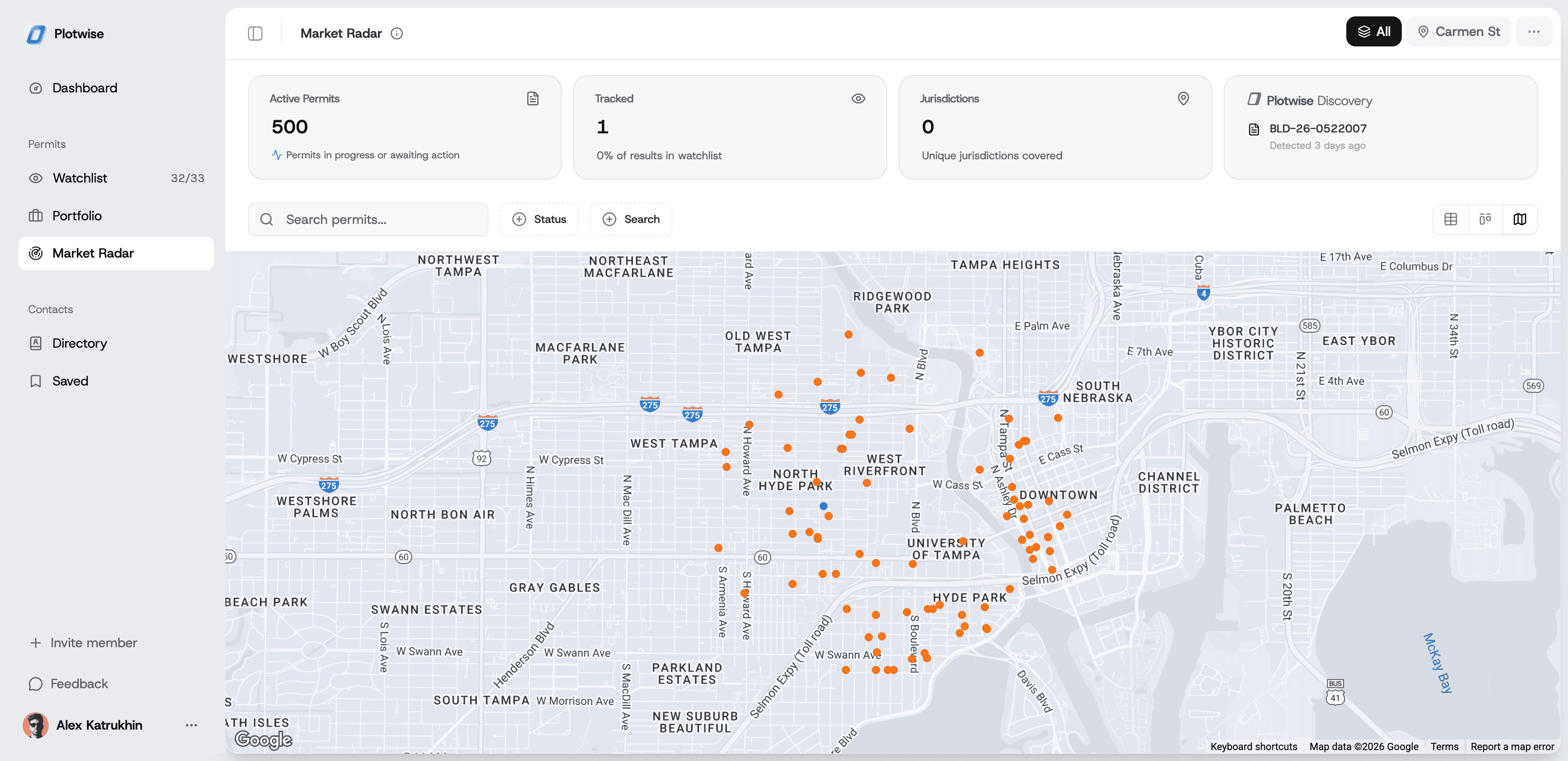 Radar map view showing permit locations
