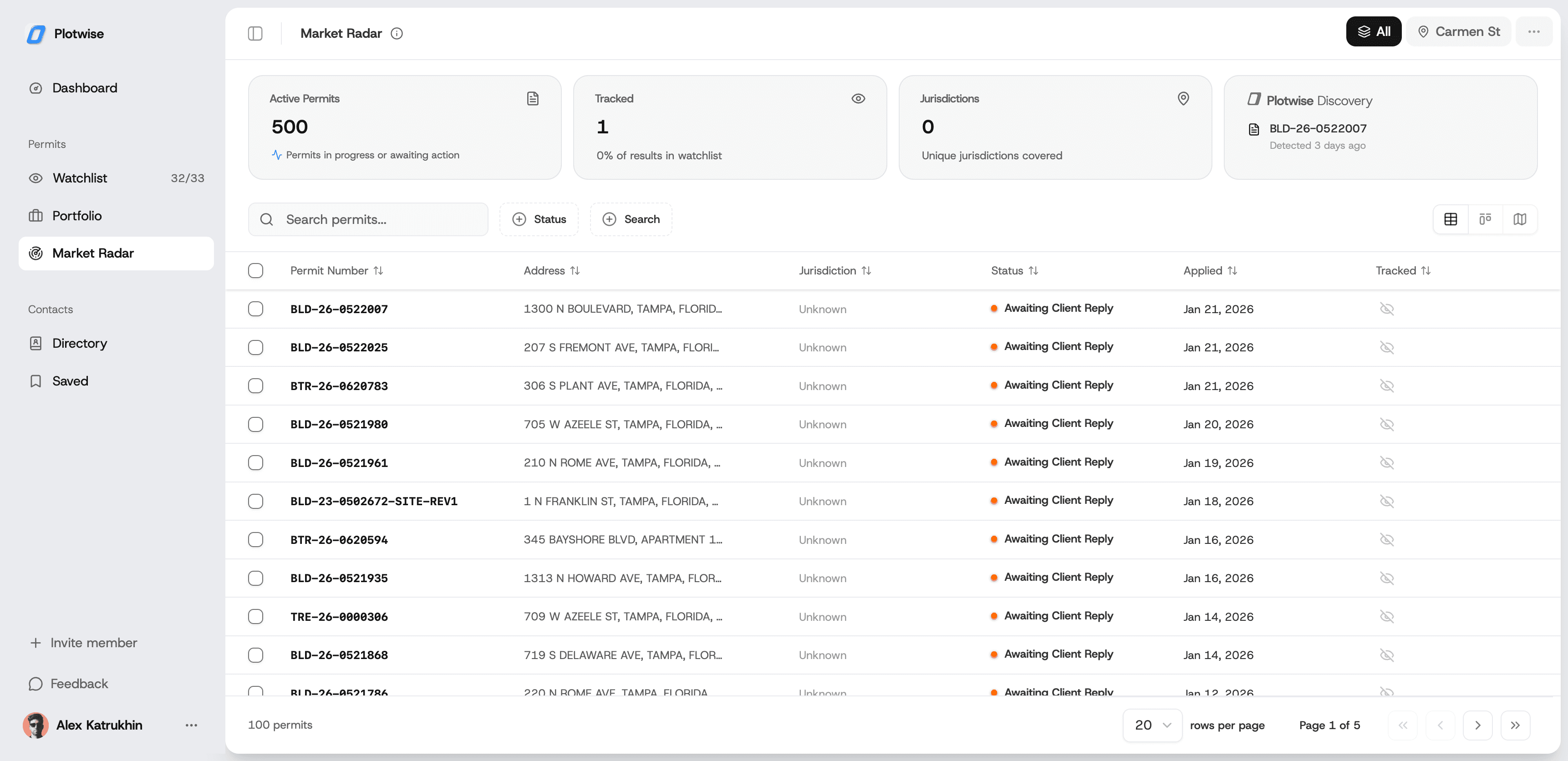 Market Radar table showing discovered permits from location conditions