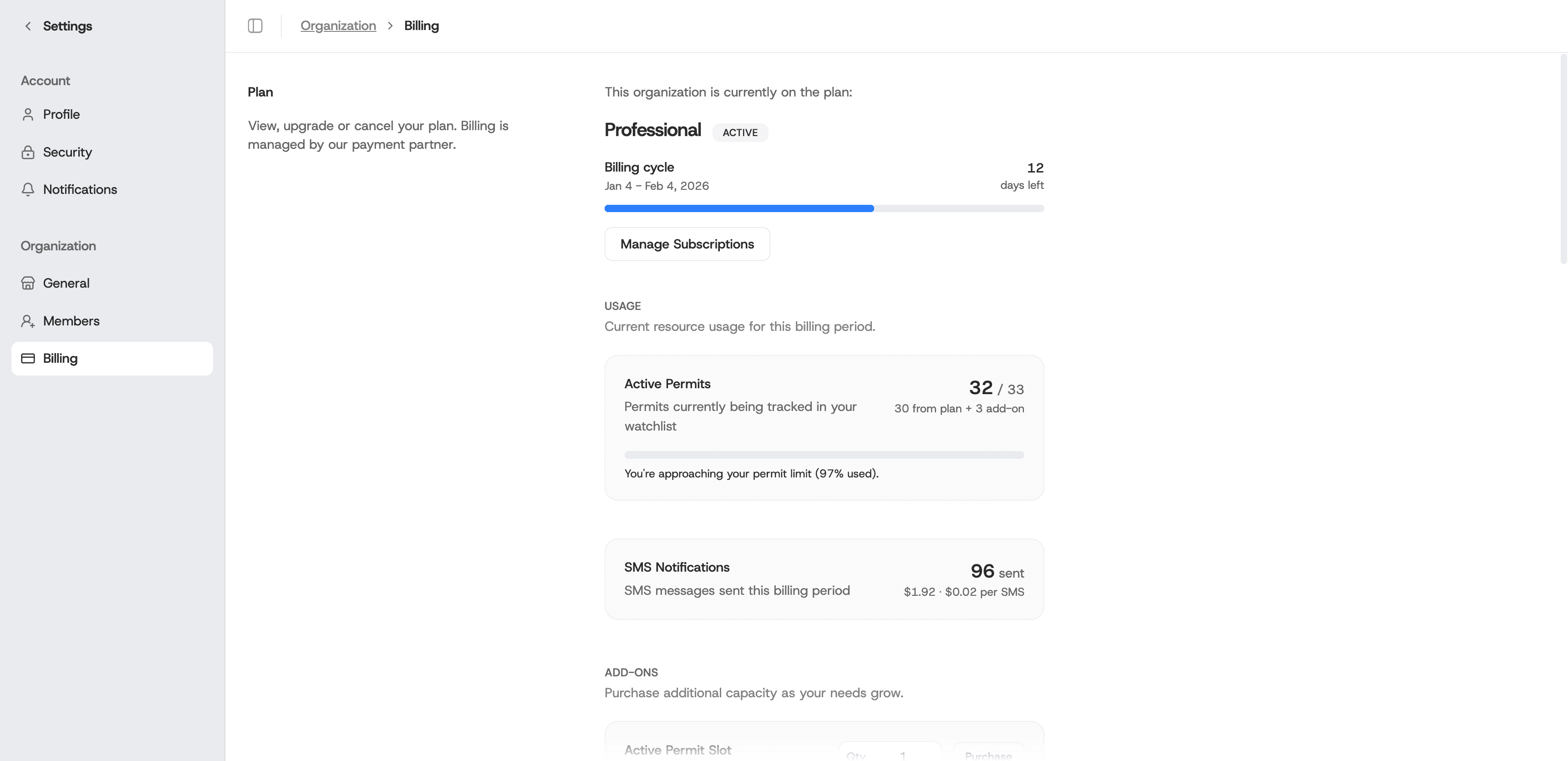 Organization billing settings page
