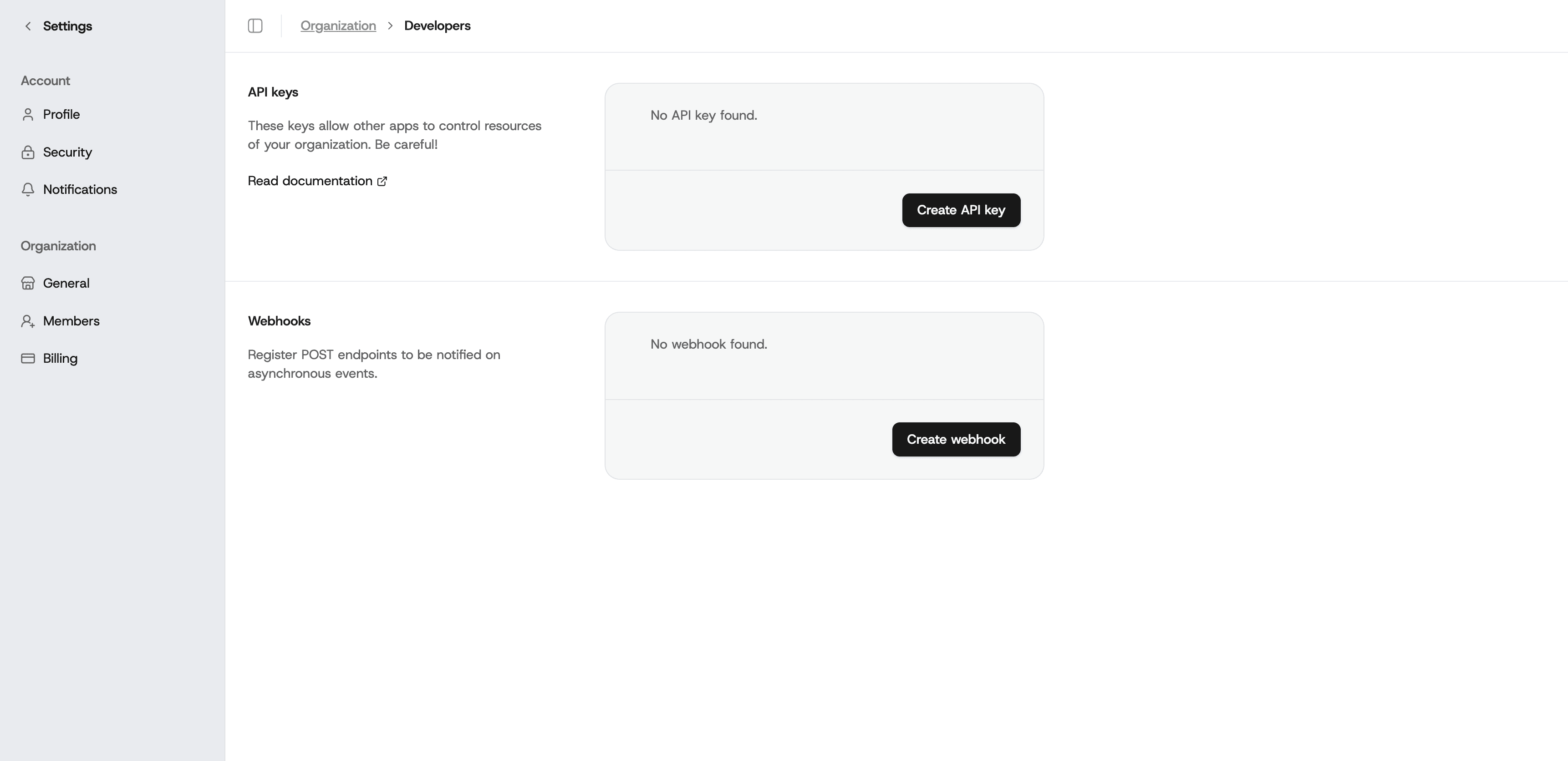Organization developers settings page