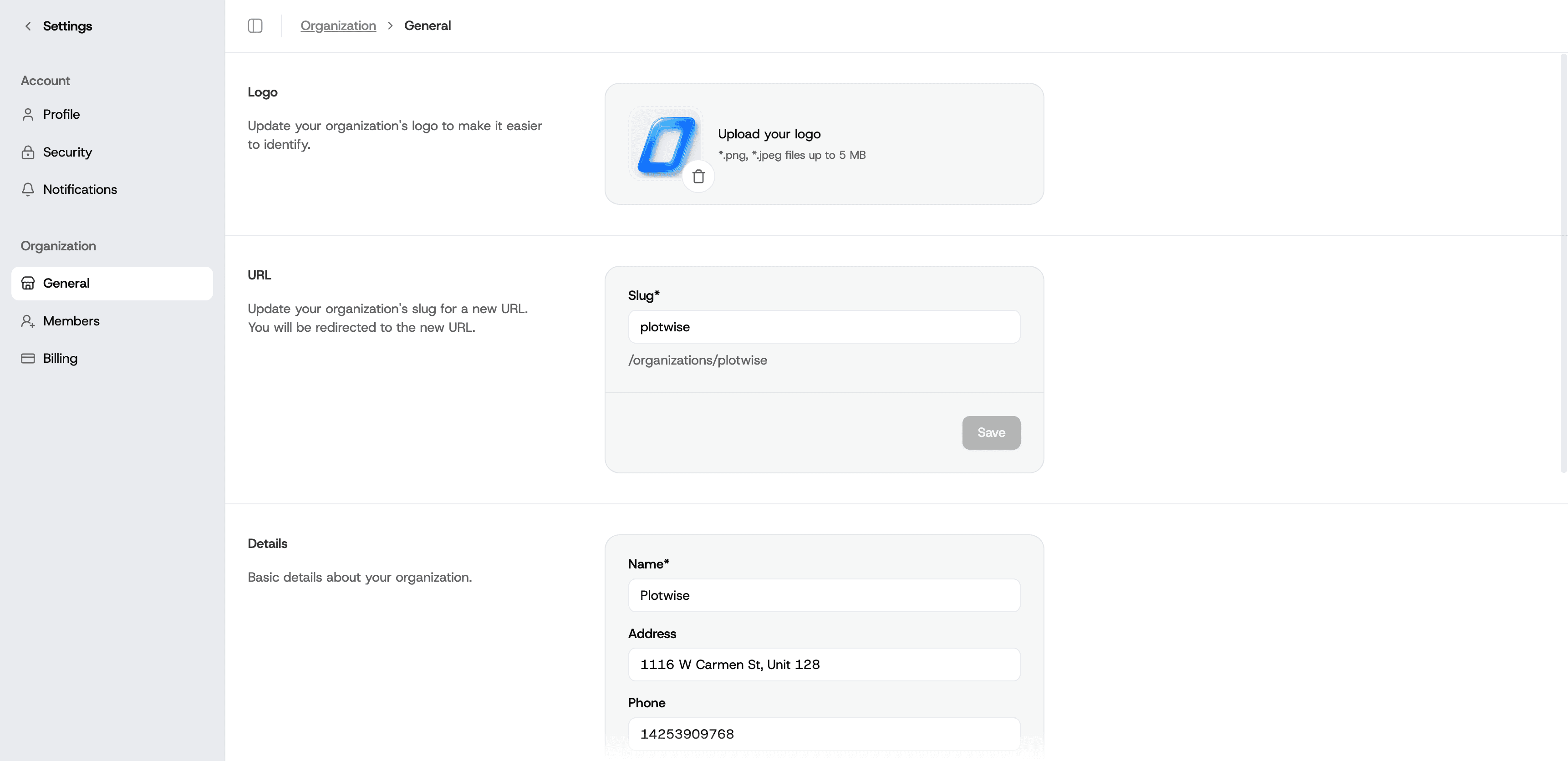 Organization general settings page