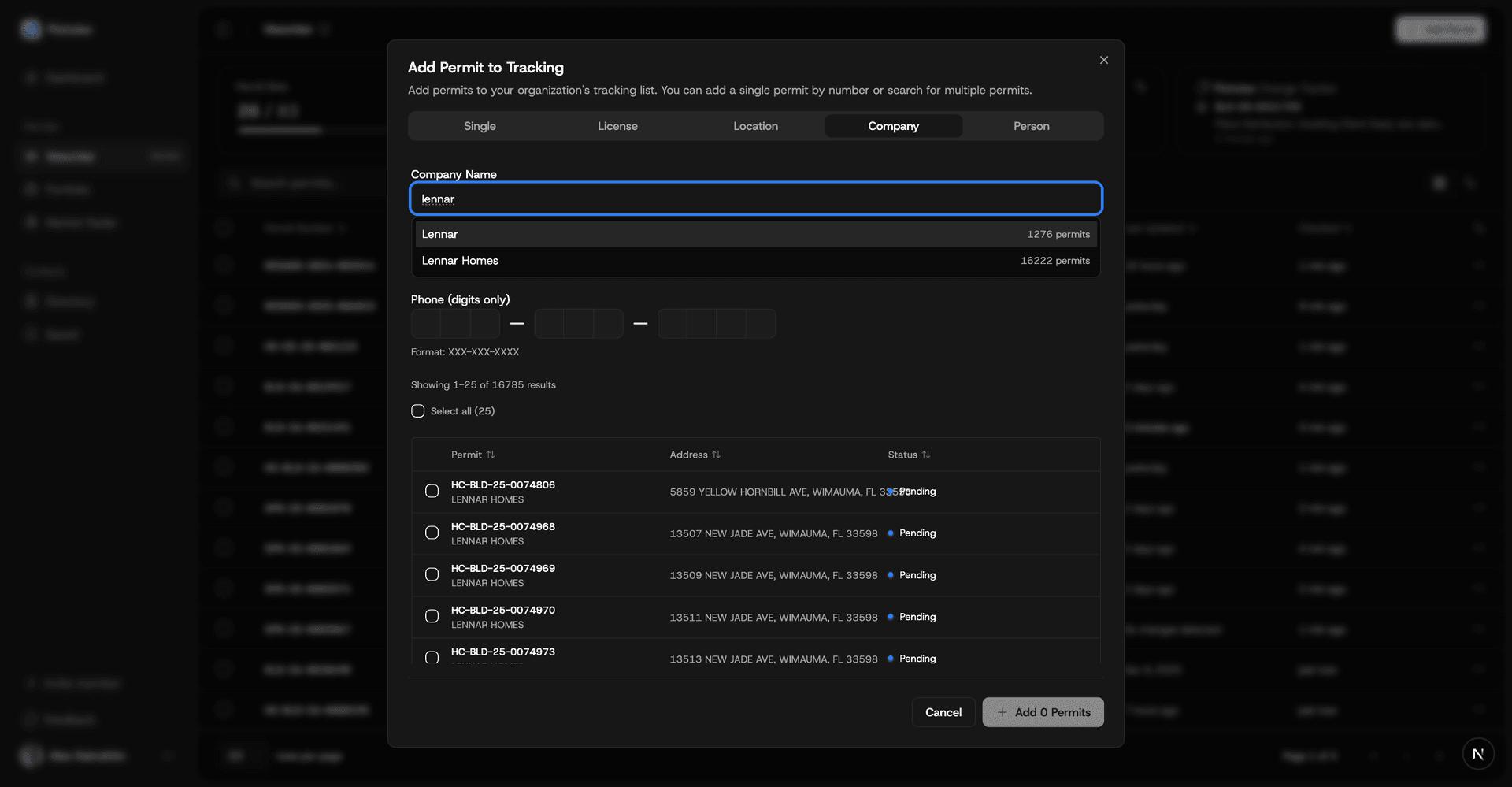 Company search results showing matching permits
