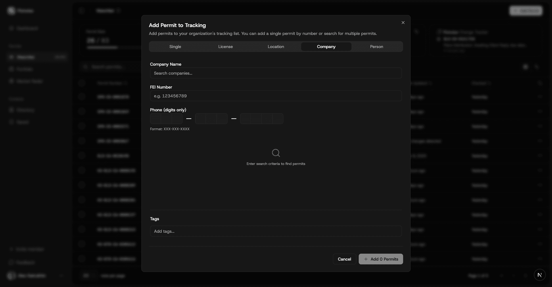 Company search tab with company name autocomplete