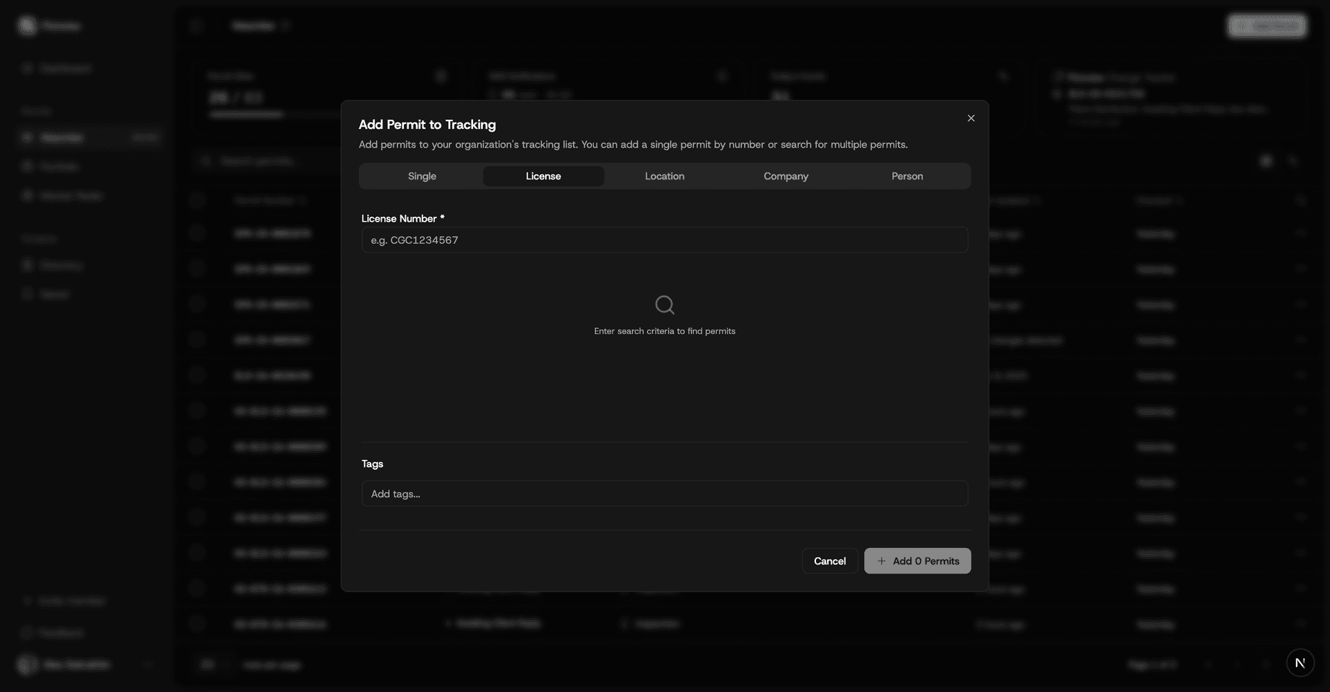 License search tab with license number input