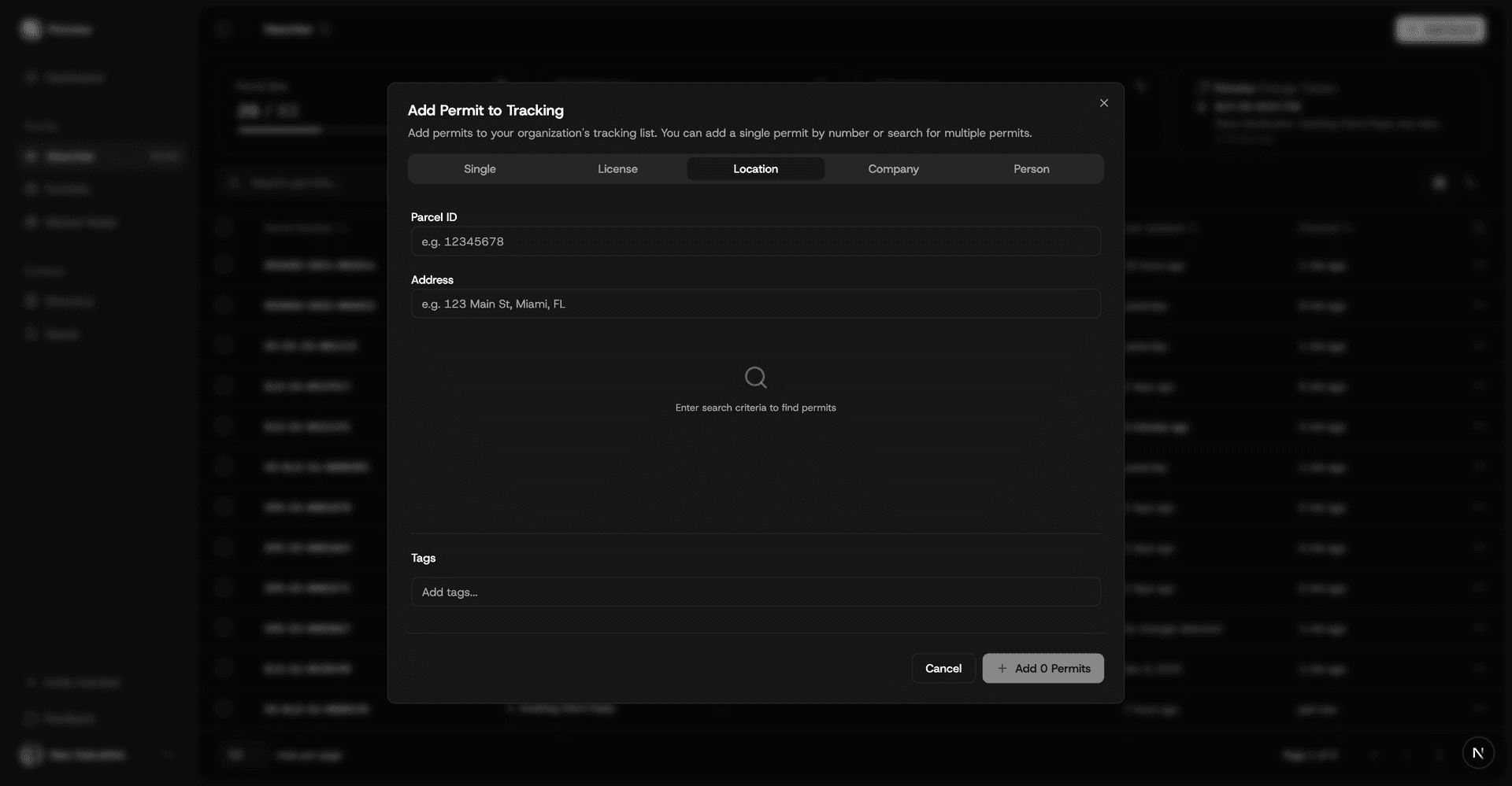 Location search tab with address input and radius selector