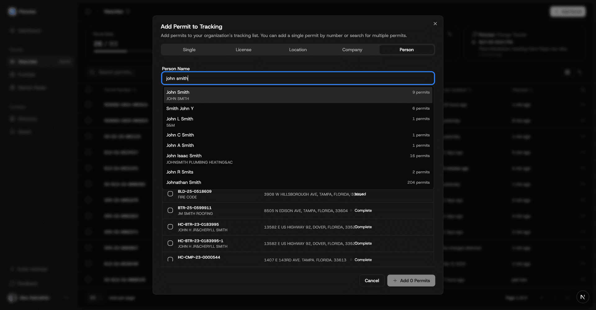 Person search results showing matching permits