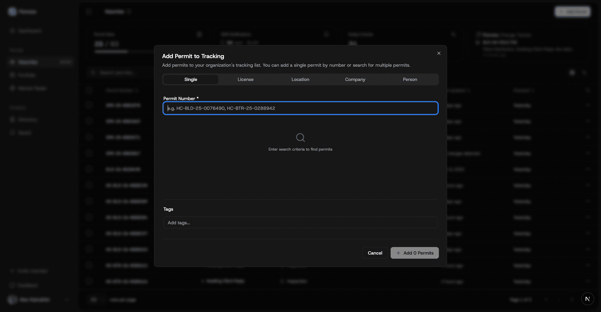 Single permit search tab with permit number input field