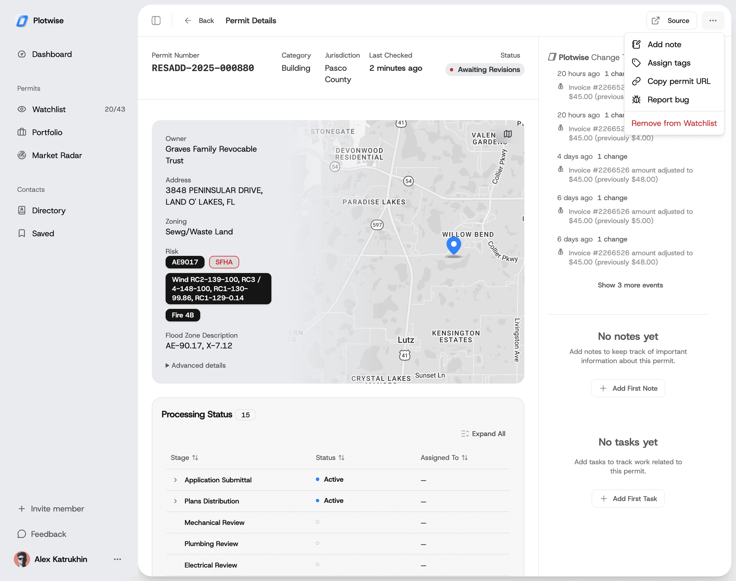 Permit details actions dropdown showing Report bug option