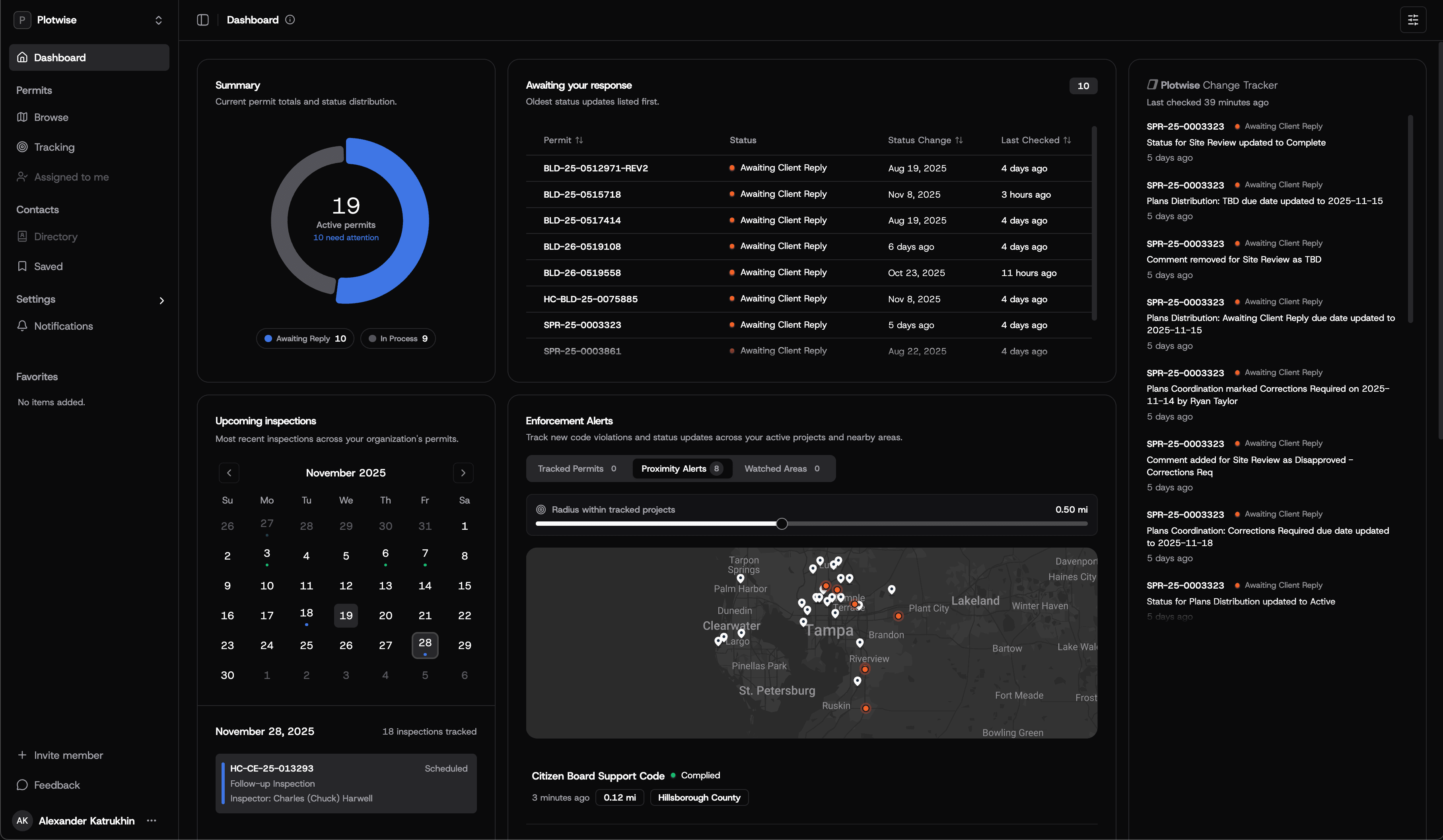 Plotwise dashboard with permit intelligence and alert feed