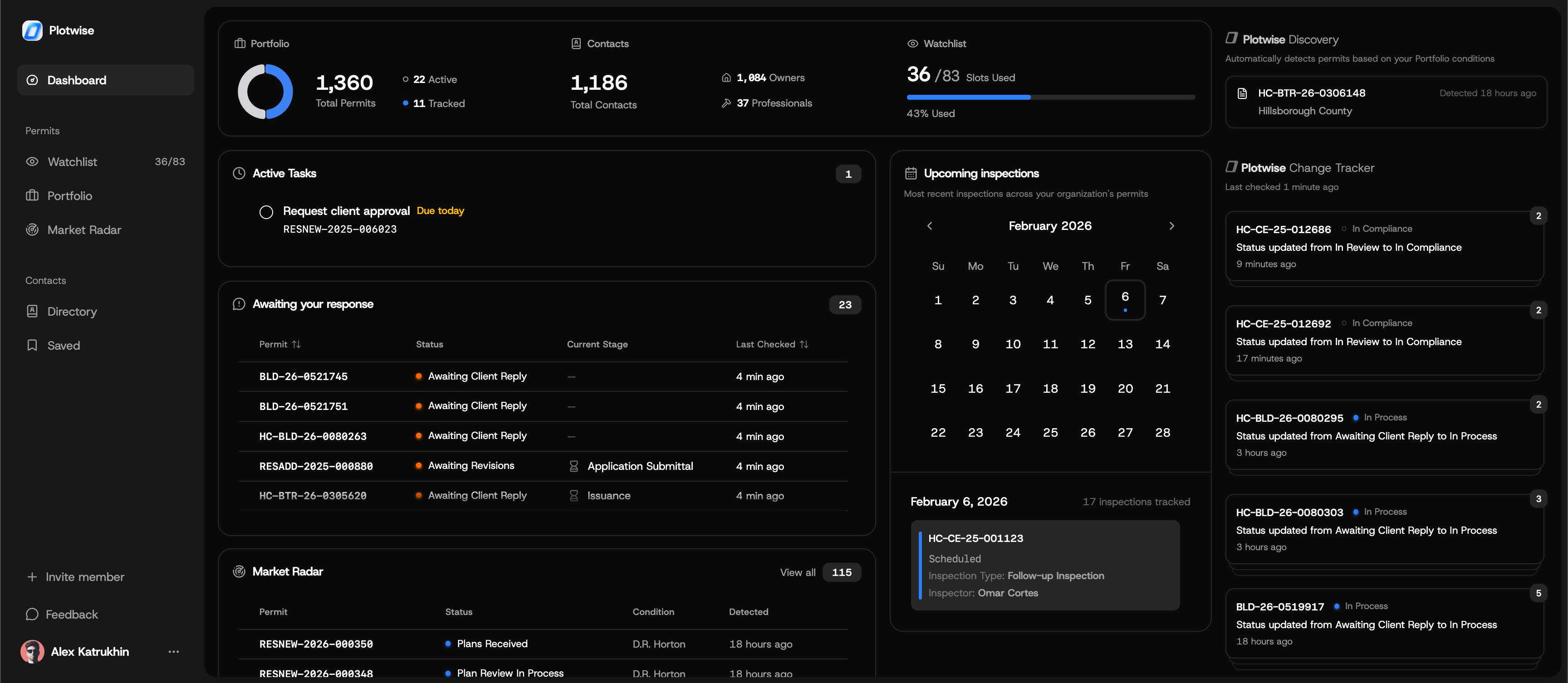 Plotwise dashboard with permit intelligence and alert feed
